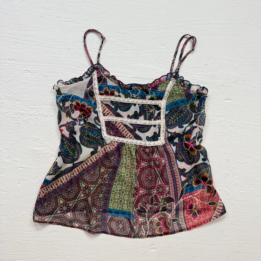 Lily White Boho Sheer Patchwork Floral Cami Tank Top, Size Large